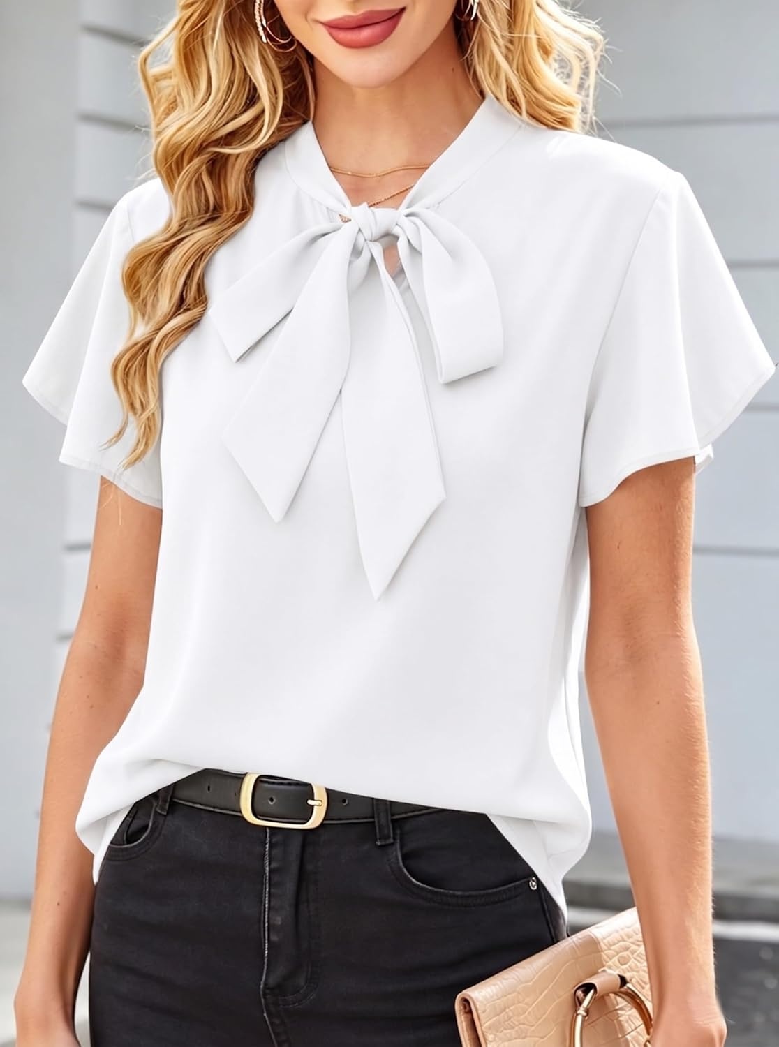 image:imageAvanova Women Color Block V Neck Short Sleeve Blouses Shirts Work Elegant Dressy TopsWhite