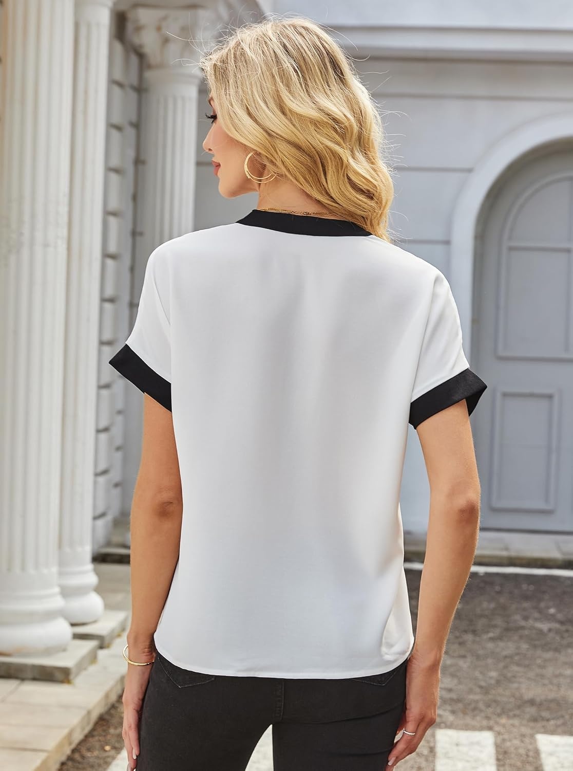 image:imageAvanova Women Color Block V Neck Short Sleeve Blouses Shirts Work Elegant Dressy TopsWhite Black