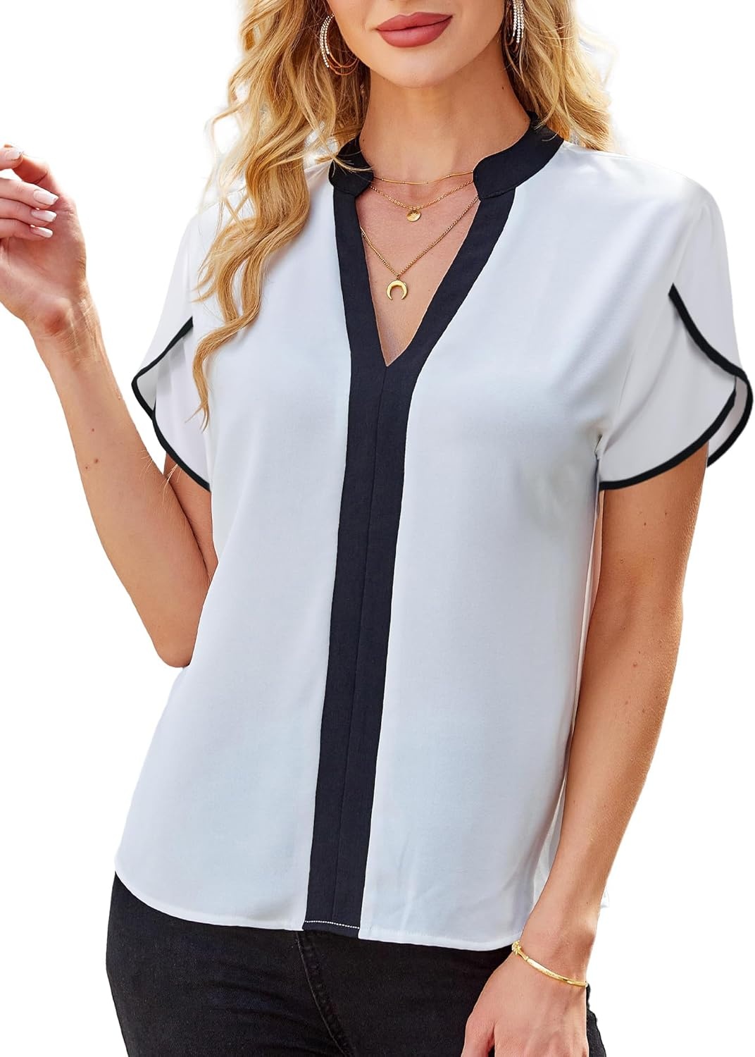 image:imageAvanova Women Color Block V Neck Short Sleeve Blouses Shirts Work Elegant Dressy TopsWhite Petal