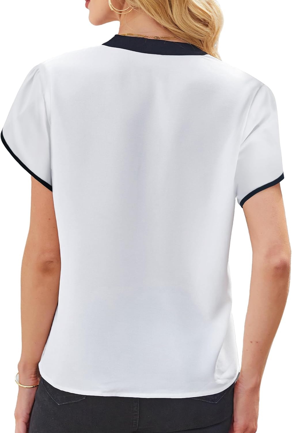 image:imageAvanova Women Color Block V Neck Short Sleeve Blouses Shirts Work Elegant Dressy TopsWhite Petal