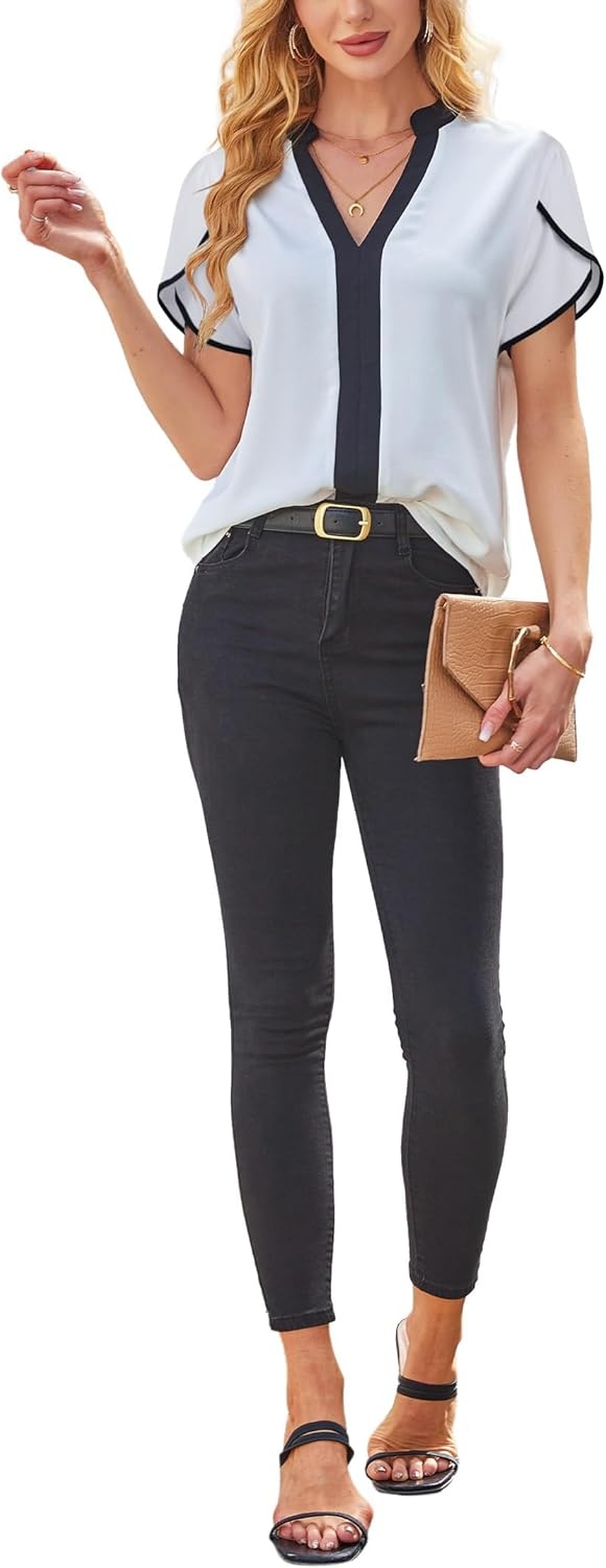 image:imageAvanova Women Color Block V Neck Short Sleeve Blouses Shirts Work Elegant Dressy TopsWhite Petal