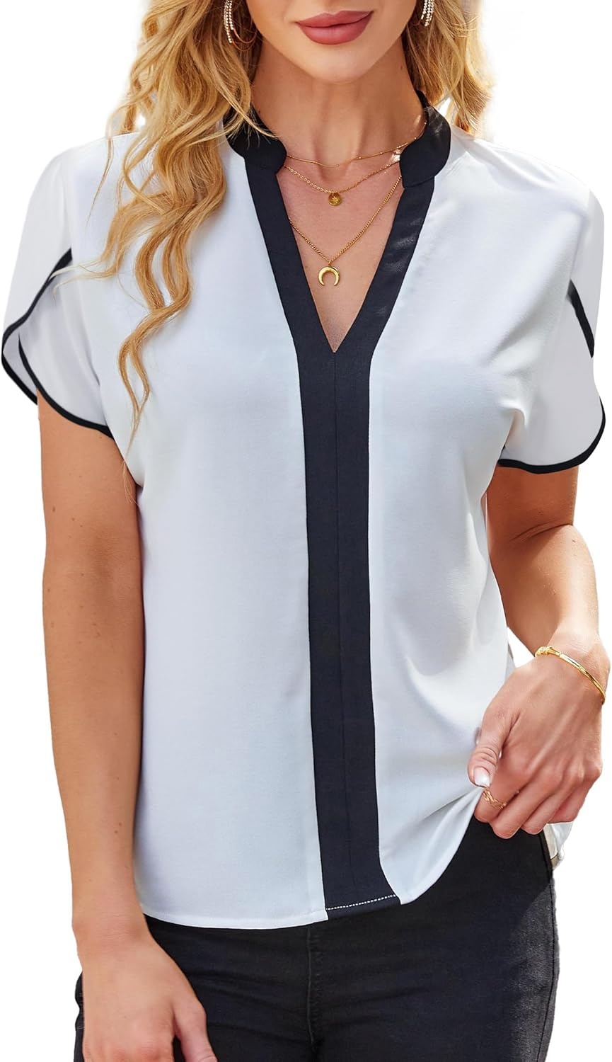 image:imageAvanova Women Color Block V Neck Short Sleeve Blouses Shirts Work Elegant Dressy TopsWhite Petal