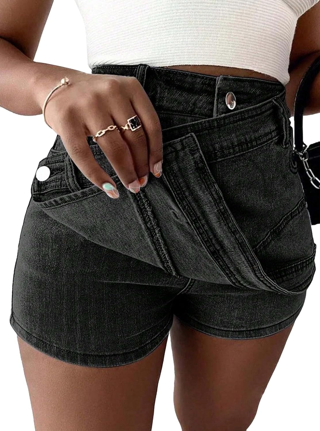 image:imageAvanova Women Denim Mini Skirt Jean Skort Sexy High Waist Asymmetrical Wrap Stretch Short SkirtsBlack D