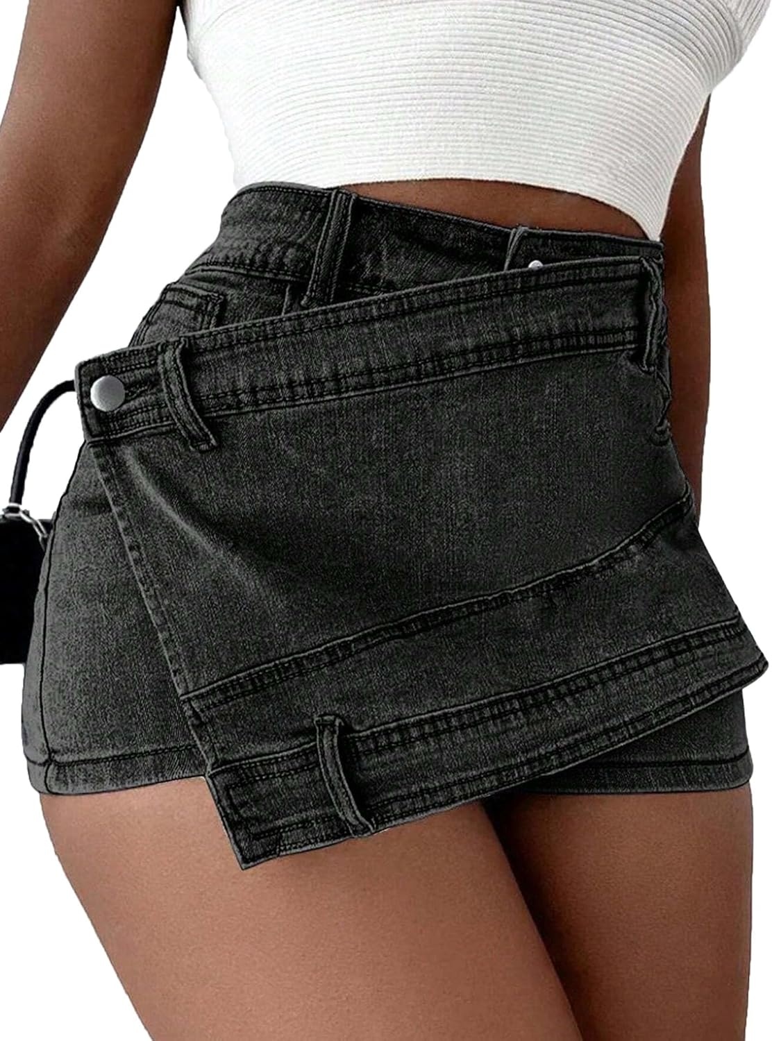 image:imageAvanova Women Denim Mini Skirt Jean Skort Sexy High Waist Asymmetrical Wrap Stretch Short SkirtsBlack D