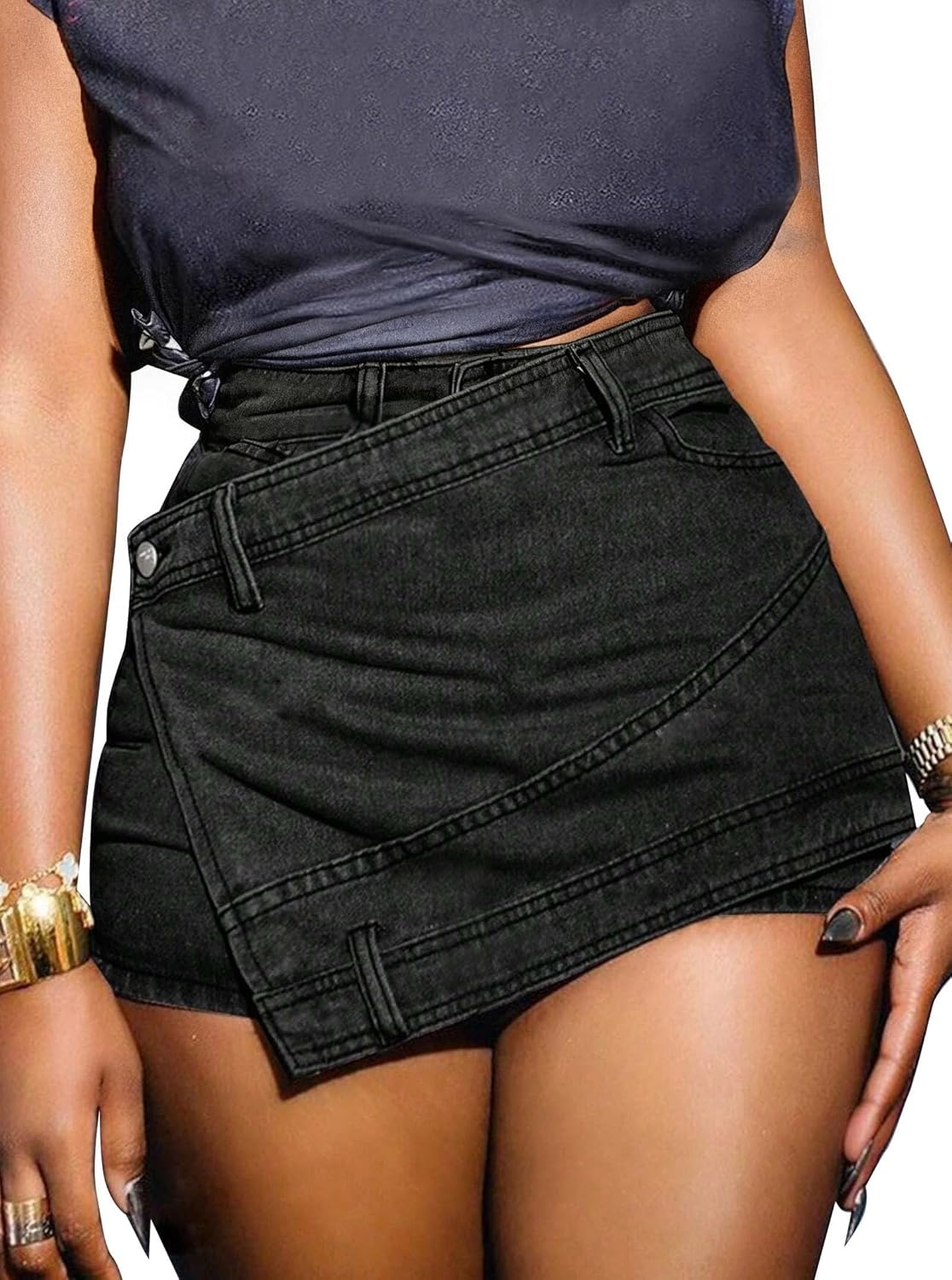 image:imageAvanova Women Denim Mini Skirt Jean Skort Sexy High Waist Asymmetrical Wrap Stretch Short SkirtsBlack D