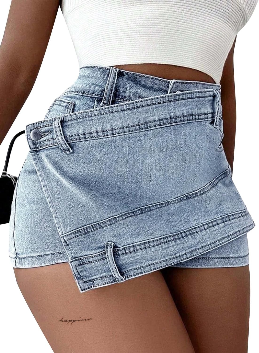 image:imageAvanova Women Denim Mini Skirt Jean Skort Sexy High Waist Asymmetrical Wrap Stretch Short SkirtsBlue