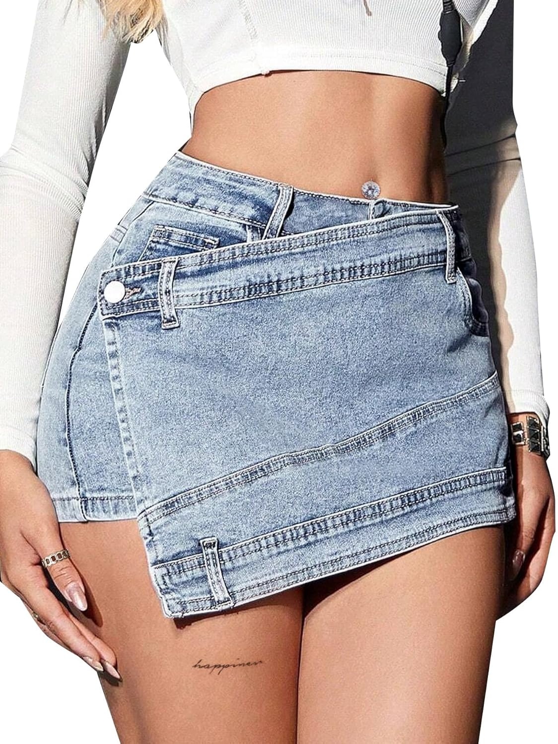image:imageAvanova Women Denim Mini Skirt Jean Skort Sexy High Waist Asymmetrical Wrap Stretch Short SkirtsBlue