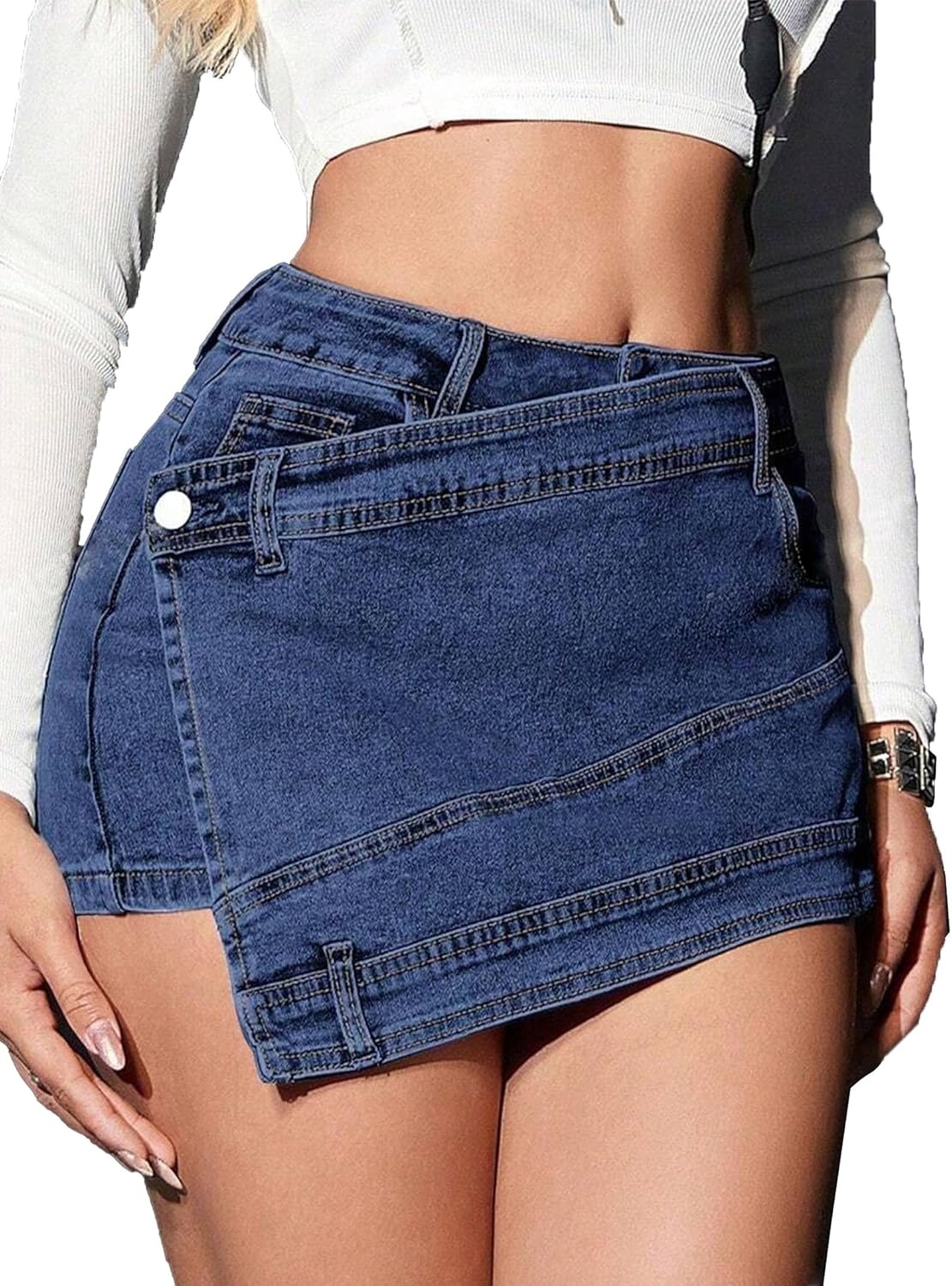 image:imageAvanova Women Denim Mini Skirt Jean Skort Sexy High Waist Asymmetrical Wrap Stretch Short SkirtsBlue E