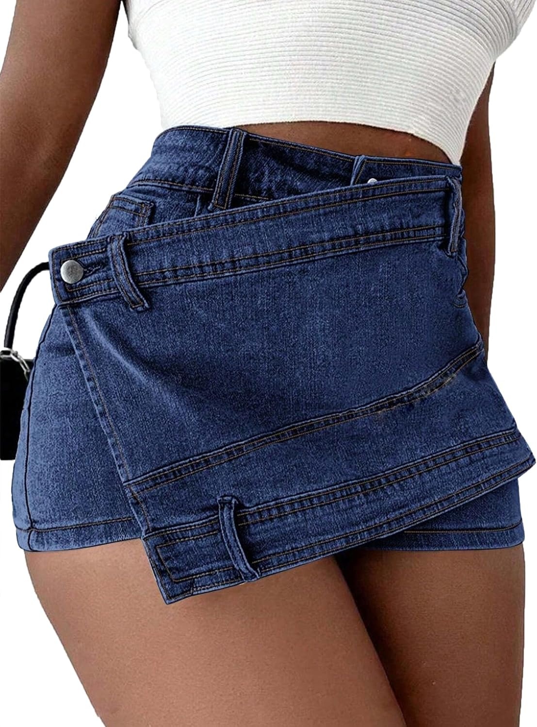 image:imageAvanova Women Denim Mini Skirt Jean Skort Sexy High Waist Asymmetrical Wrap Stretch Short SkirtsBlue E