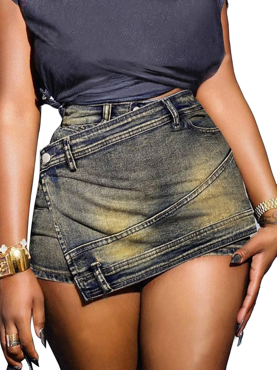 image:imageAvanova Women Denim Mini Skirt Jean Skort Sexy High Waist Asymmetrical Wrap Stretch Short SkirtsGrey