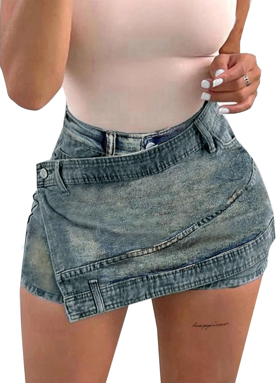 image:imageAvanova Women Denim Mini Skirt Jean Skort Sexy High Waist Asymmetrical Wrap Stretch Short SkirtsGrey C