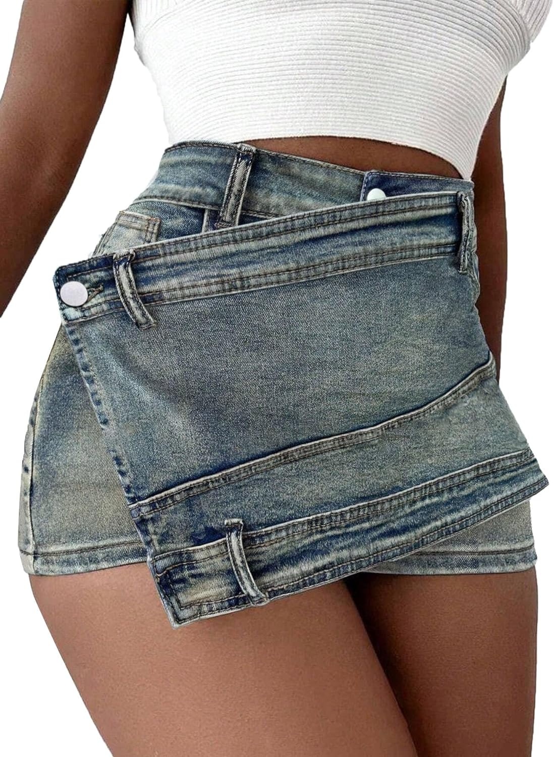image:imageAvanova Women Denim Mini Skirt Jean Skort Sexy High Waist Asymmetrical Wrap Stretch Short SkirtsGrey C