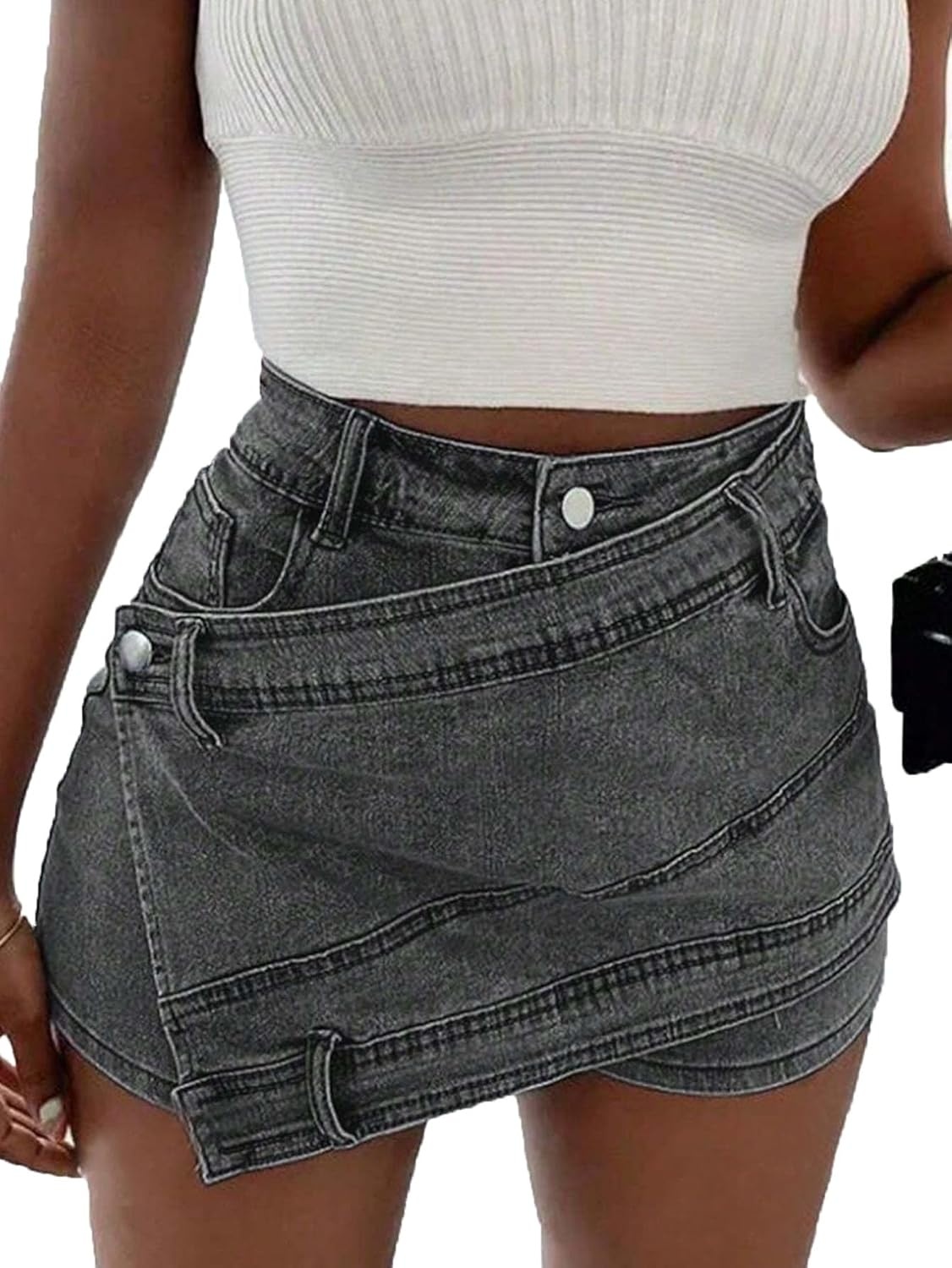 image:imageAvanova Women Denim Mini Skirt Jean Skort Sexy High Waist Asymmetrical Wrap Stretch Short SkirtsGrey a