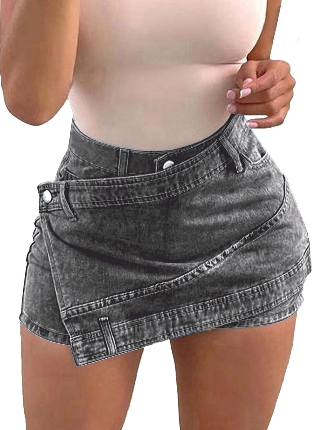 image:imageAvanova Women Denim Mini Skirt Jean Skort Sexy High Waist Asymmetrical Wrap Stretch Short SkirtsGrey a