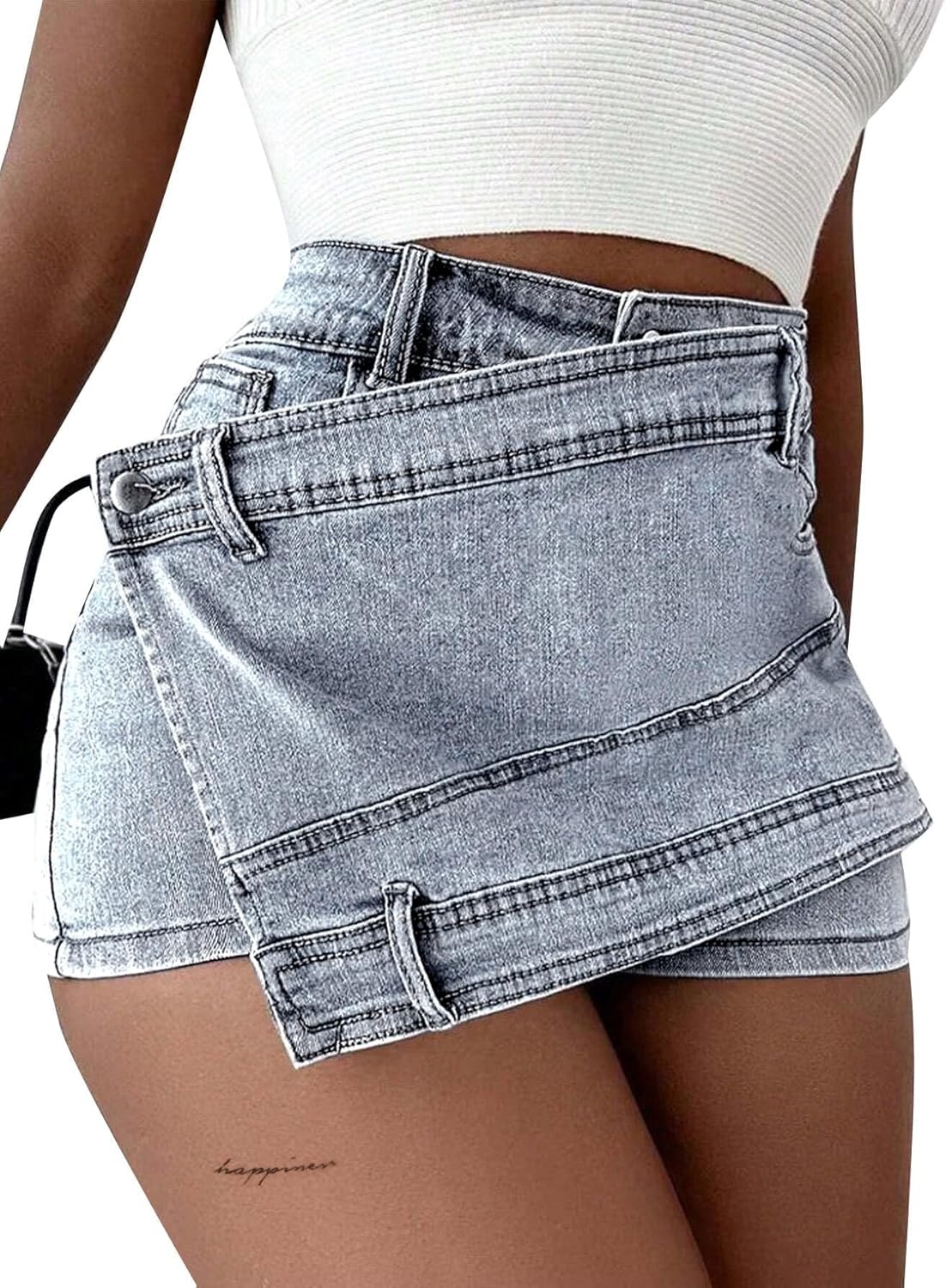 image:imageAvanova Women Denim Mini Skirt Jean Skort Sexy High Waist Asymmetrical Wrap Stretch Short SkirtsLight Gray