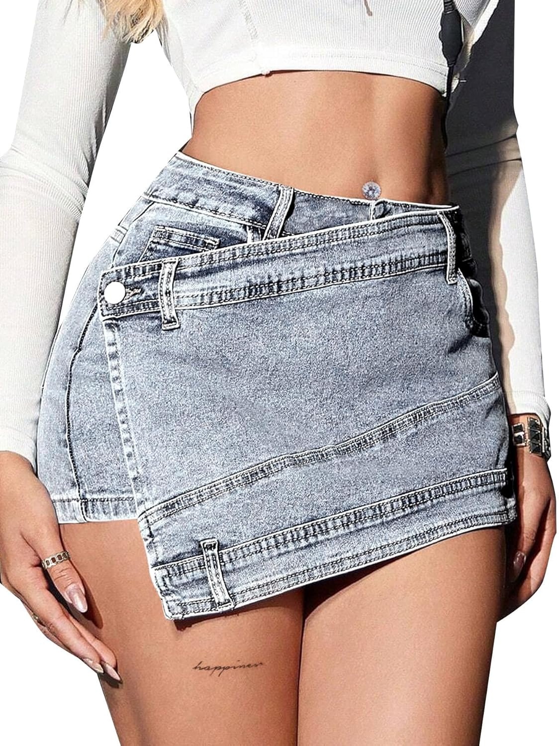 image:imageAvanova Women Denim Mini Skirt Jean Skort Sexy High Waist Asymmetrical Wrap Stretch Short SkirtsLight Gray