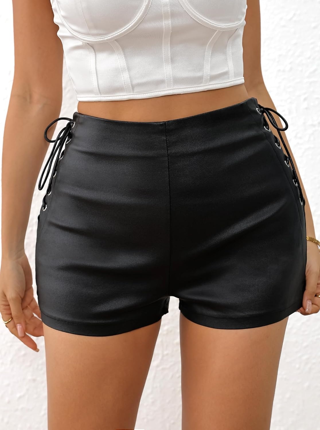 image:imageAvanova Women Faux Leather High Waist Summer Shorts Lace Up Sexy ShortsBlack