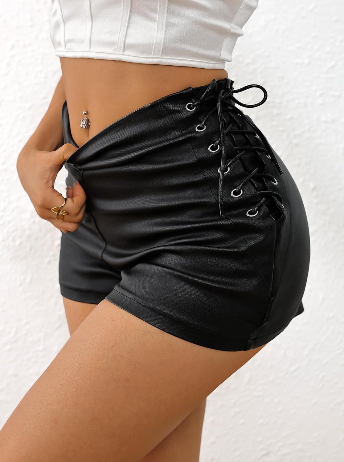 image:imageAvanova Women Faux Leather High Waist Summer Shorts Lace Up Sexy ShortsBlack