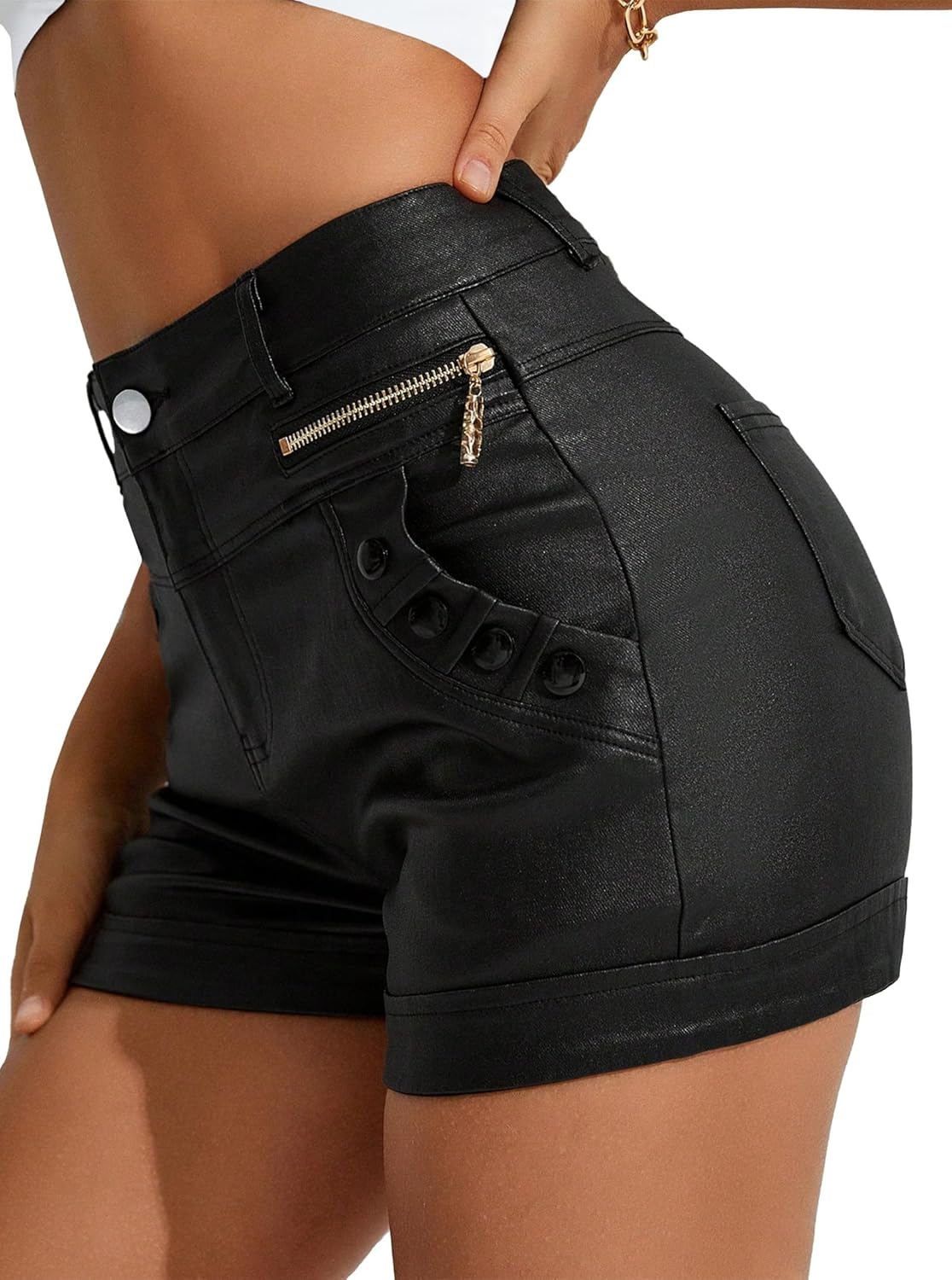 image:imageAvanova Women Faux Leather High Waist Summer Shorts Lace Up Sexy ShortsBlack a
