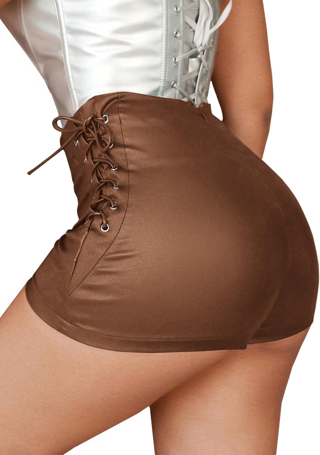 image:imageAvanova Women Faux Leather High Waist Summer Shorts Lace Up Sexy ShortsBrown