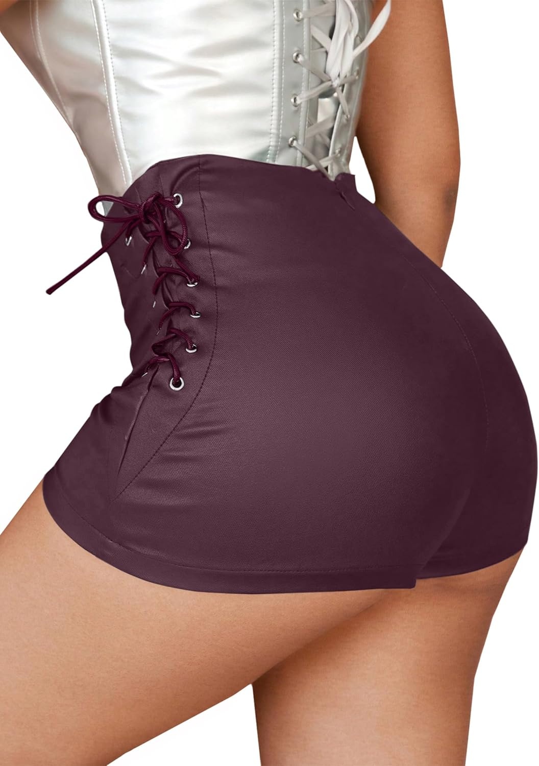 image:imageAvanova Women Faux Leather High Waist Summer Shorts Lace Up Sexy ShortsBurgundy