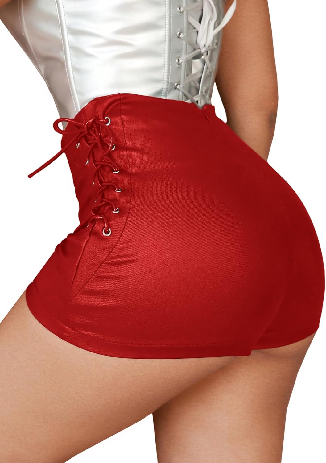 image:imageAvanova Women Faux Leather High Waist Summer Shorts Lace Up Sexy ShortsRed