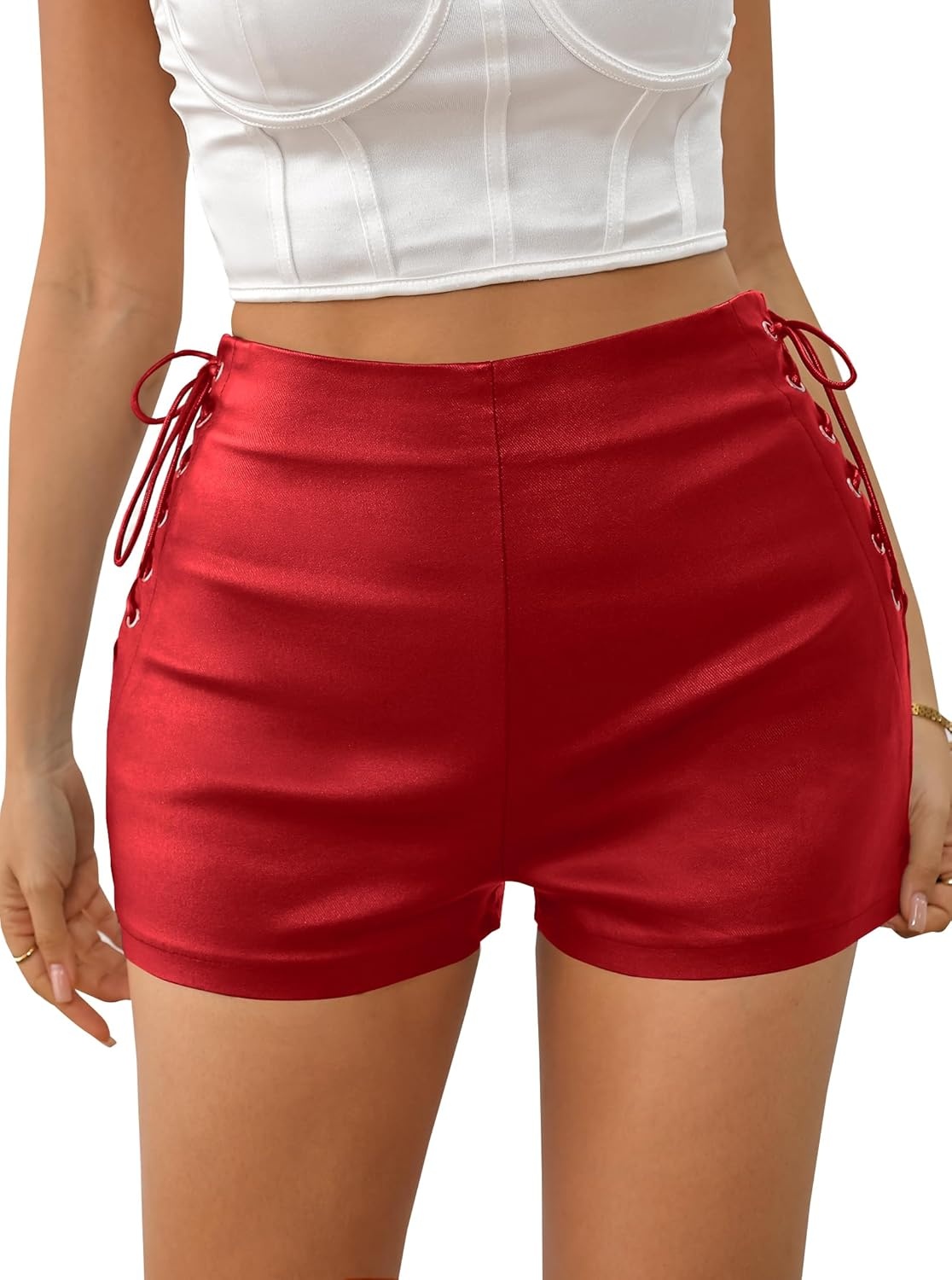 image:imageAvanova Women Faux Leather High Waist Summer Shorts Lace Up Sexy ShortsRed