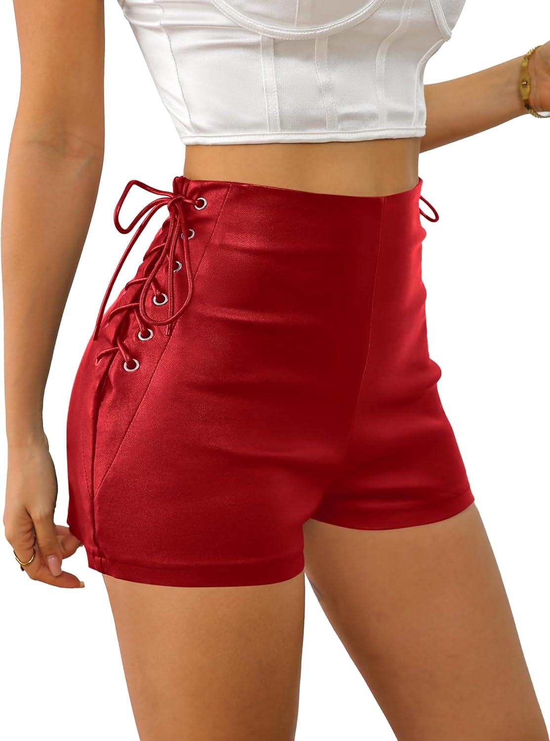 image:imageAvanova Women Faux Leather High Waist Summer Shorts Lace Up Sexy ShortsRed