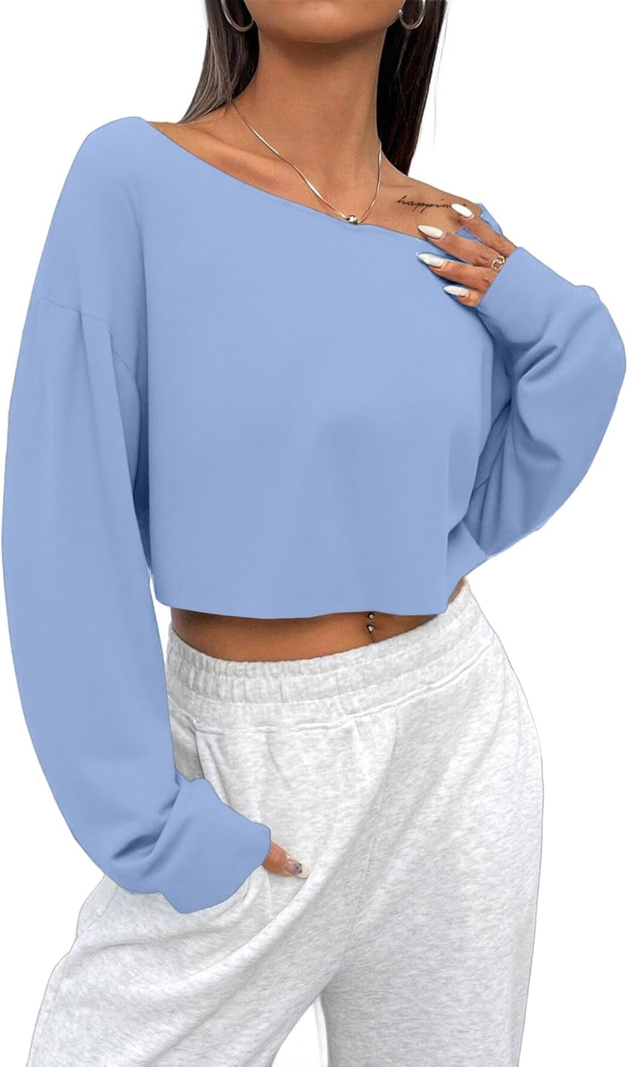 image:imageAvanova Women Off The Shoulder Crop Tops Long Sleeve T Shirts Oversized Loose TeeBaby Blue