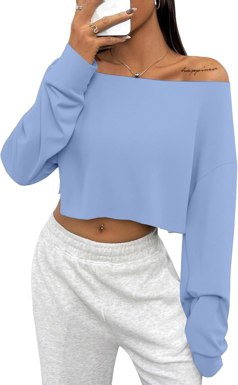 image:imageAvanova Women Off The Shoulder Crop Tops Long Sleeve T Shirts Oversized Loose TeeBaby Blue