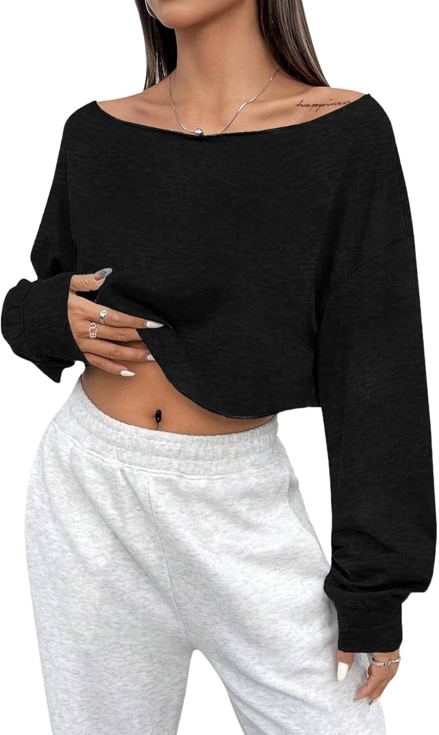 image:imageAvanova Women Off The Shoulder Crop Tops Long Sleeve T Shirts Oversized Loose TeeBlack