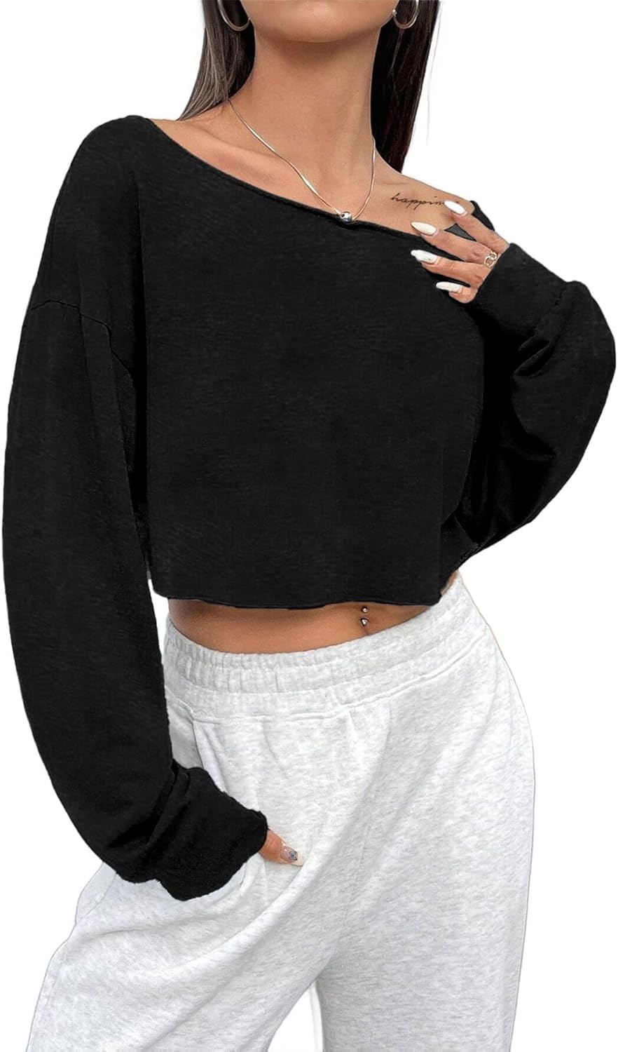 image:imageAvanova Women Off The Shoulder Crop Tops Long Sleeve T Shirts Oversized Loose TeeBlack