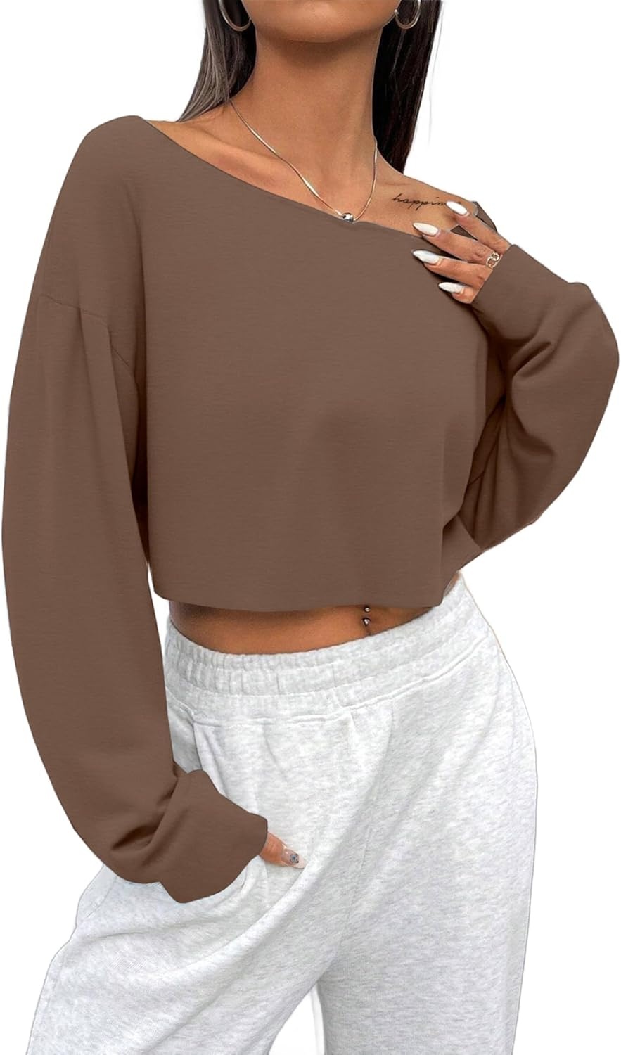 image:imageAvanova Women Off The Shoulder Crop Tops Long Sleeve T Shirts Oversized Loose TeeBrown