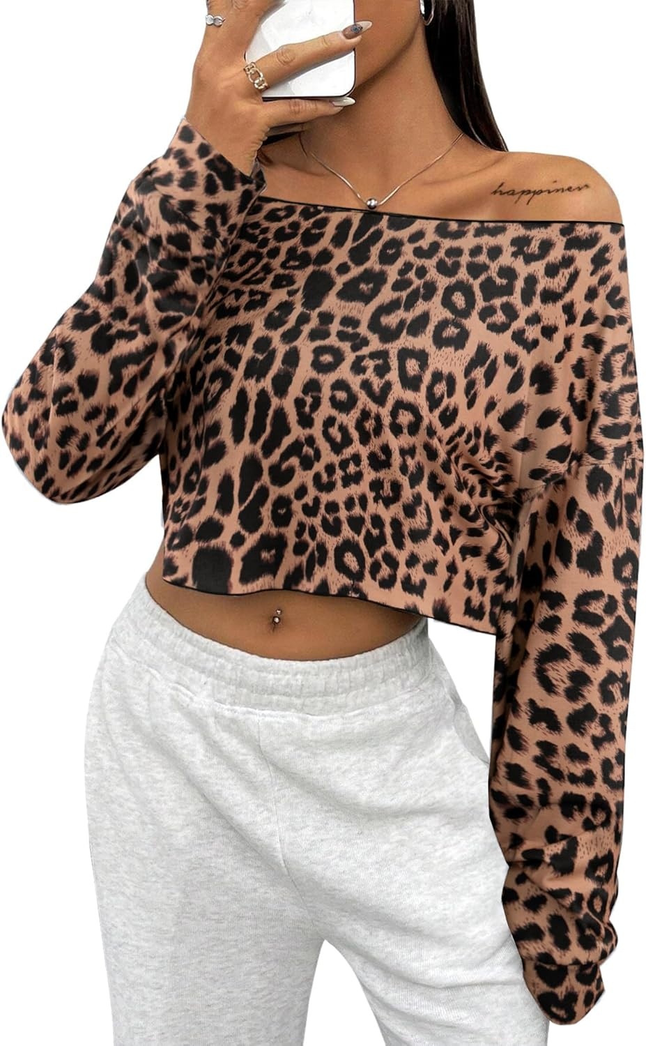 image:imageAvanova Women Off The Shoulder Crop Tops Long Sleeve T Shirts Oversized Loose TeeBrown Leopard