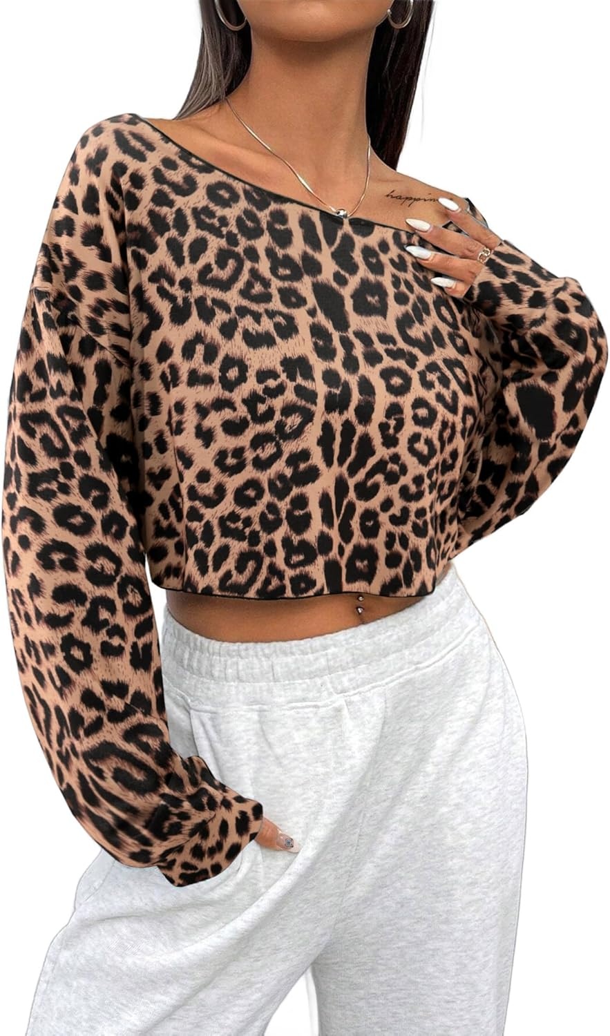 image:imageAvanova Women Off The Shoulder Crop Tops Long Sleeve T Shirts Oversized Loose TeeBrown Leopard