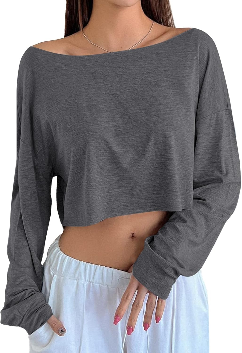 image:imageAvanova Women Off The Shoulder Crop Tops Long Sleeve T Shirts Oversized Loose TeeDrak Grey