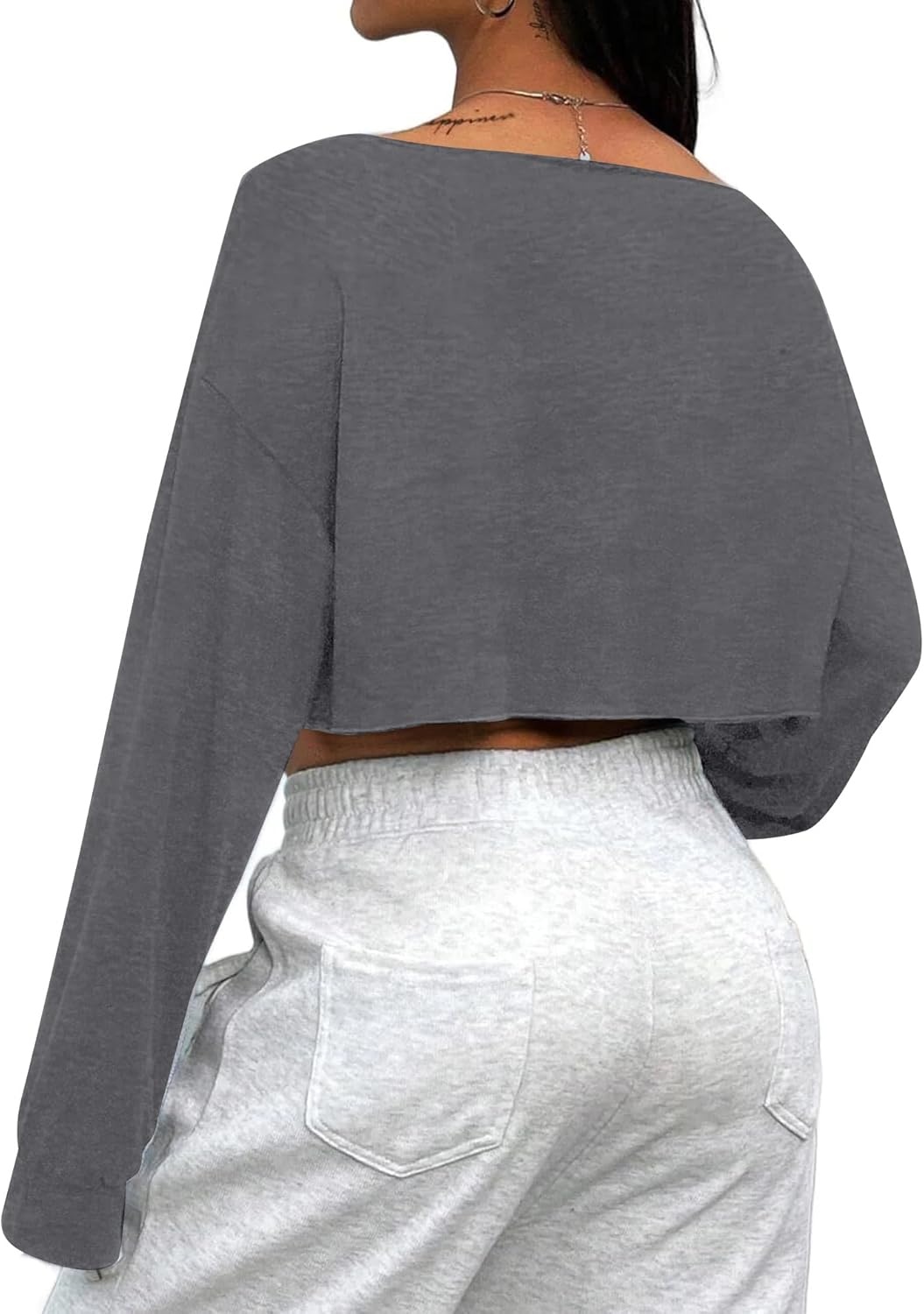 image:imageAvanova Women Off The Shoulder Crop Tops Long Sleeve T Shirts Oversized Loose TeeDrak Grey
