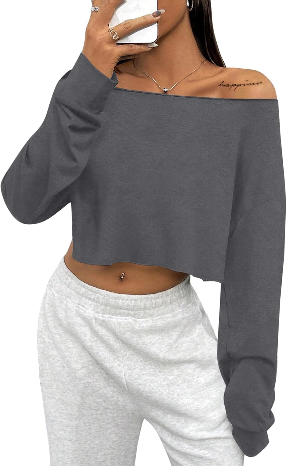 image:imageAvanova Women Off The Shoulder Crop Tops Long Sleeve T Shirts Oversized Loose TeeDrak Grey