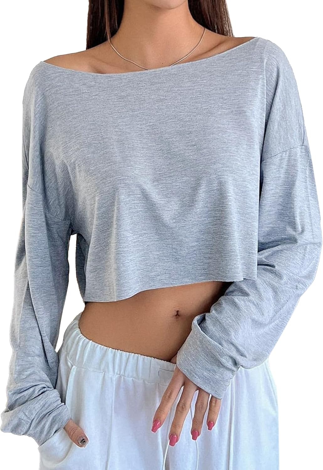 image:imageAvanova Women Off The Shoulder Crop Tops Long Sleeve T Shirts Oversized Loose TeeGrey