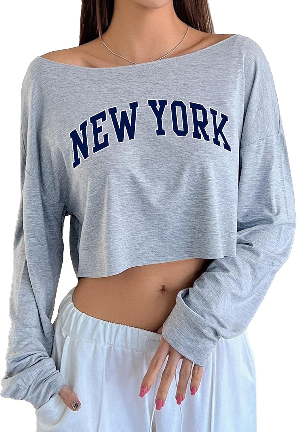 image:imageAvanova Women Off The Shoulder Crop Tops Long Sleeve T Shirts Oversized Loose TeeGrey Ny
