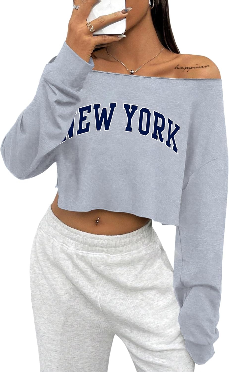 image:imageAvanova Women Off The Shoulder Crop Tops Long Sleeve T Shirts Oversized Loose TeeGrey Ny