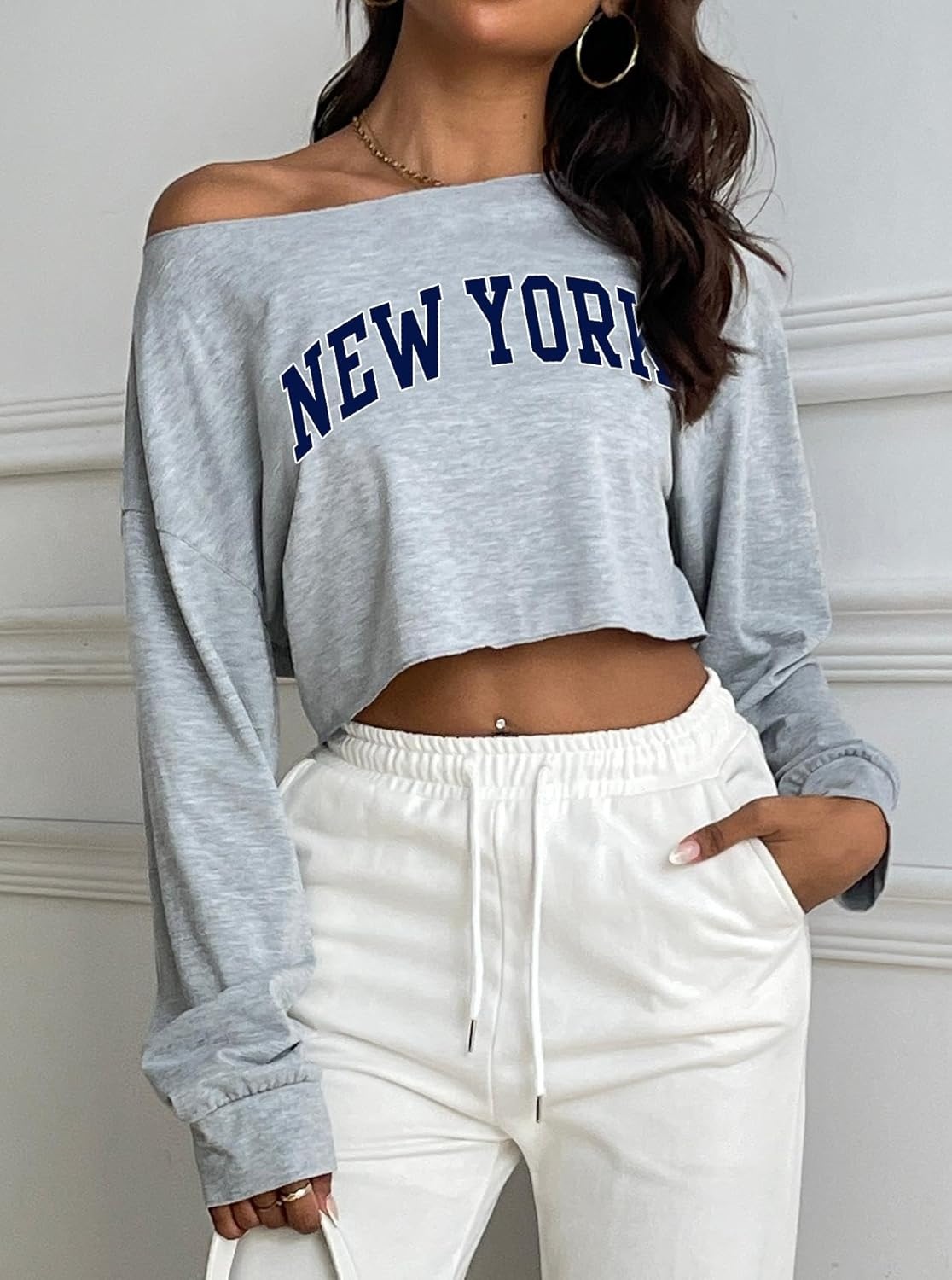 image:imageAvanova Women Off The Shoulder Crop Tops Long Sleeve T Shirts Oversized Loose TeeGrey Ny