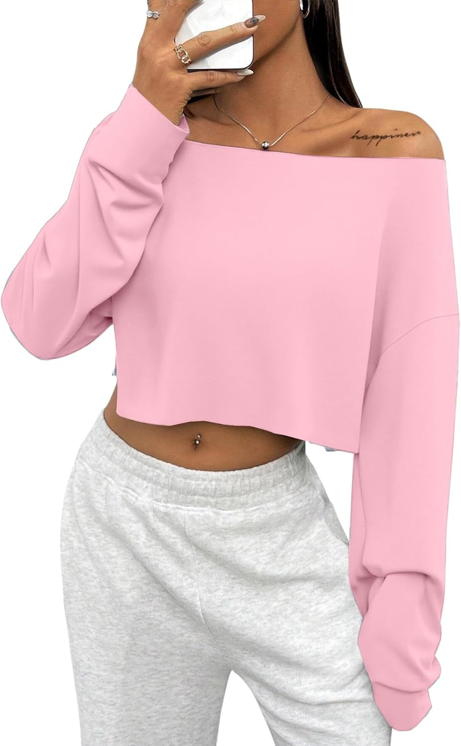 image:imageAvanova Women Off The Shoulder Crop Tops Long Sleeve T Shirts Oversized Loose TeePink