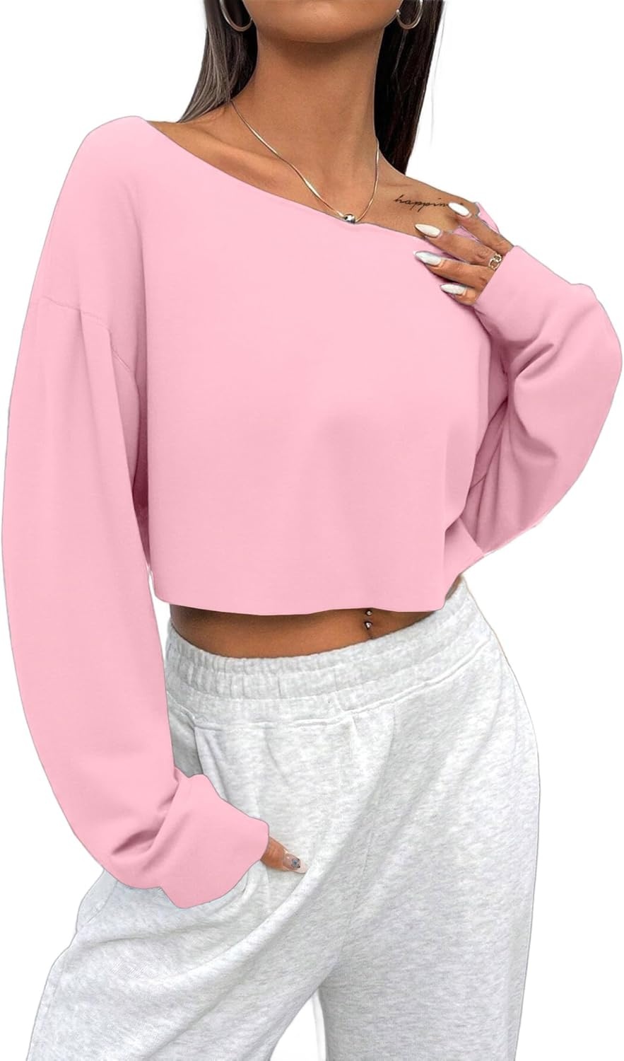 image:imageAvanova Women Off The Shoulder Crop Tops Long Sleeve T Shirts Oversized Loose TeePink