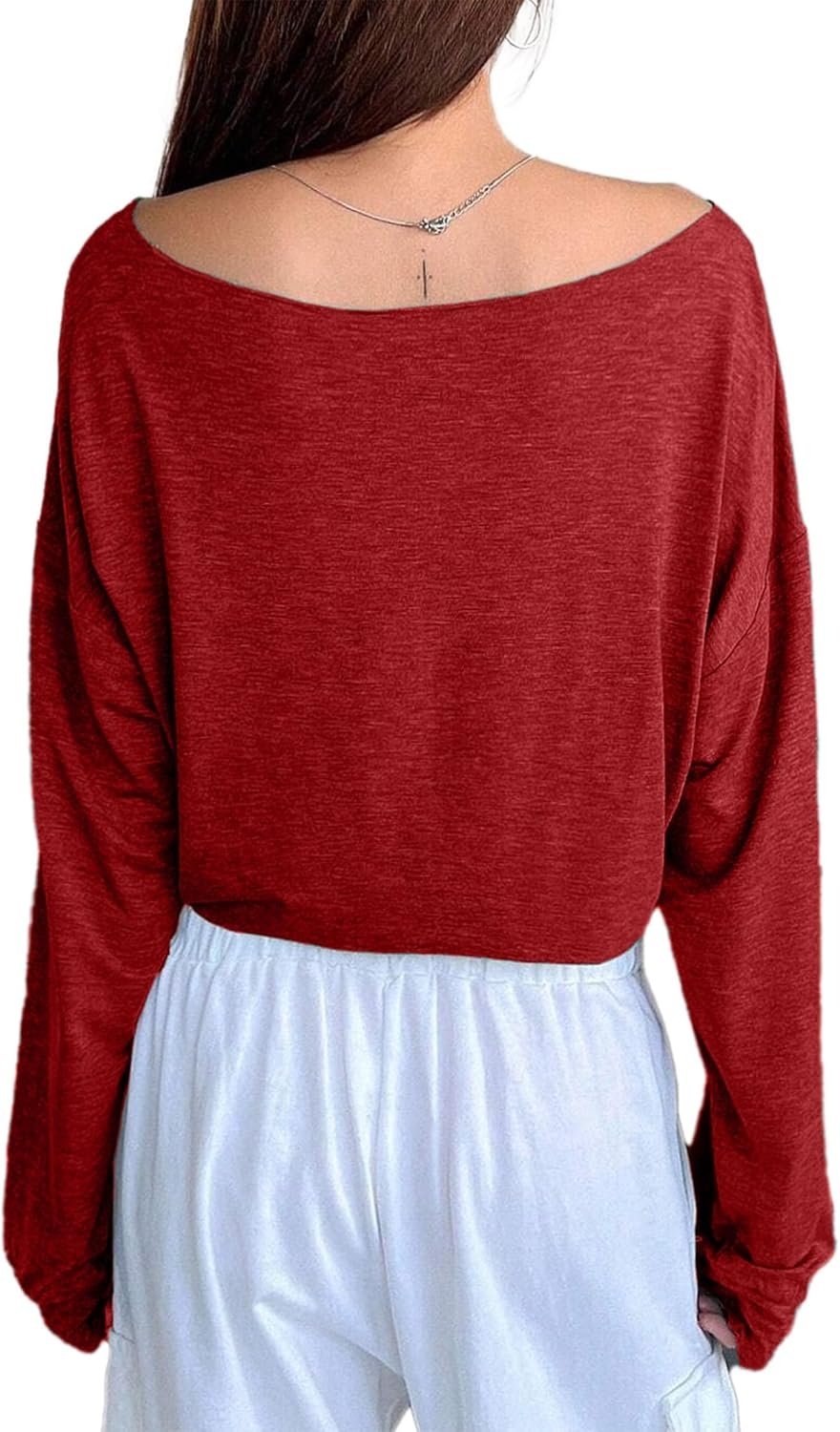 image:imageAvanova Women Off The Shoulder Crop Tops Long Sleeve T Shirts Oversized Loose TeeRed