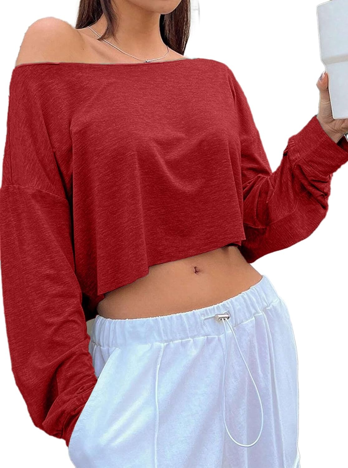 image:imageAvanova Women Off The Shoulder Crop Tops Long Sleeve T Shirts Oversized Loose TeeRed