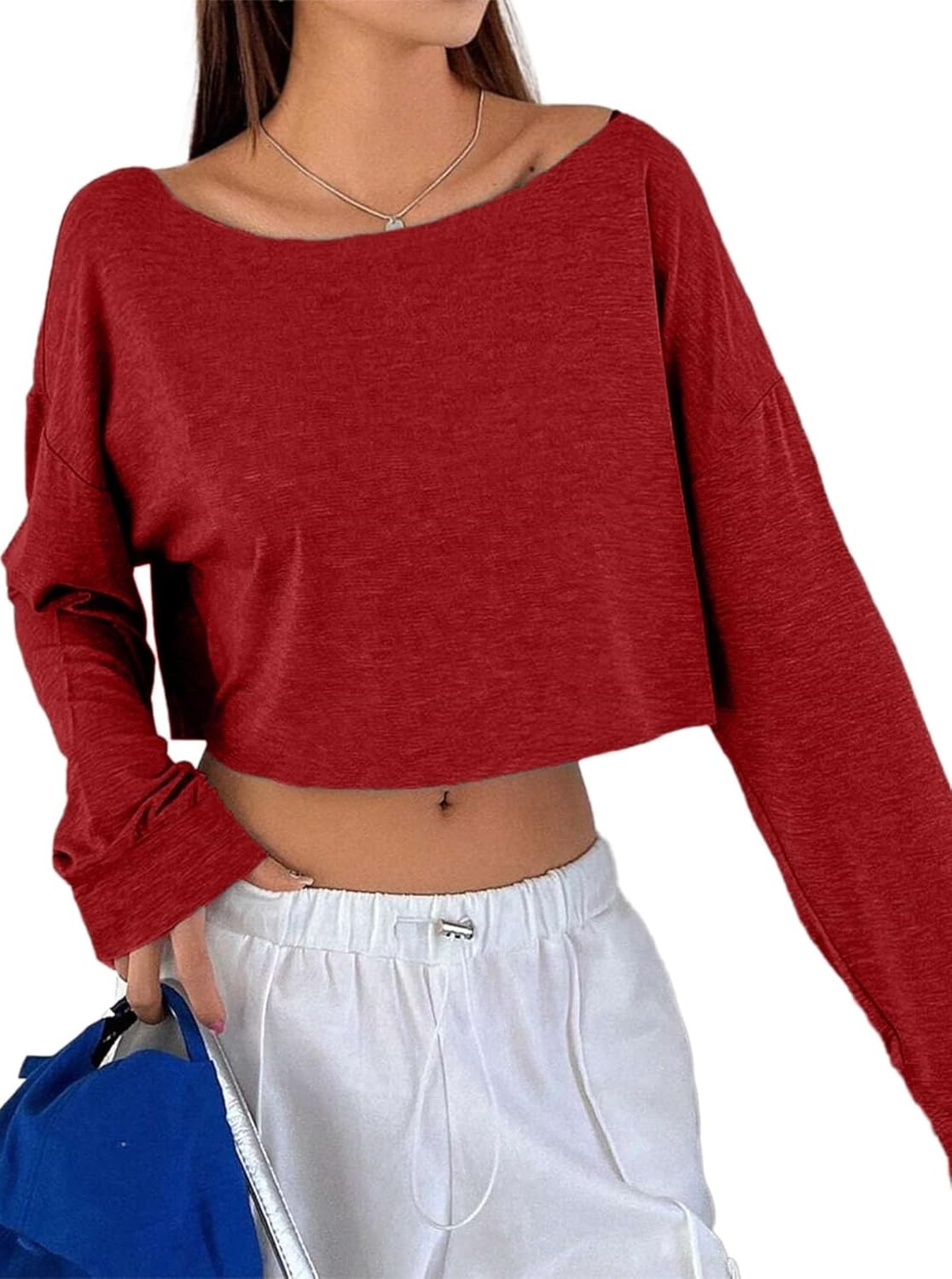 image:imageAvanova Women Off The Shoulder Crop Tops Long Sleeve T Shirts Oversized Loose TeeRed