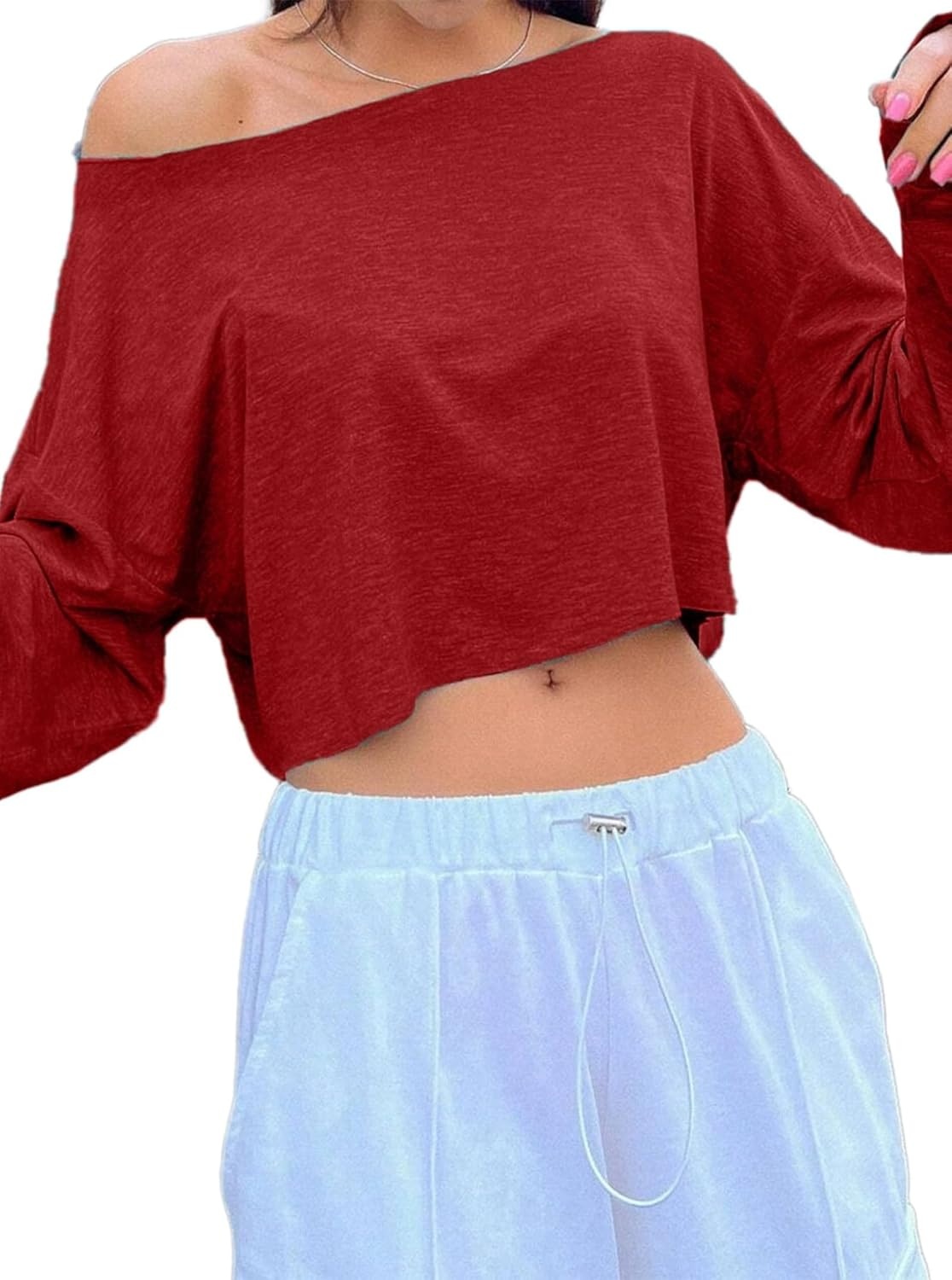 image:imageAvanova Women Off The Shoulder Crop Tops Long Sleeve T Shirts Oversized Loose TeeRed