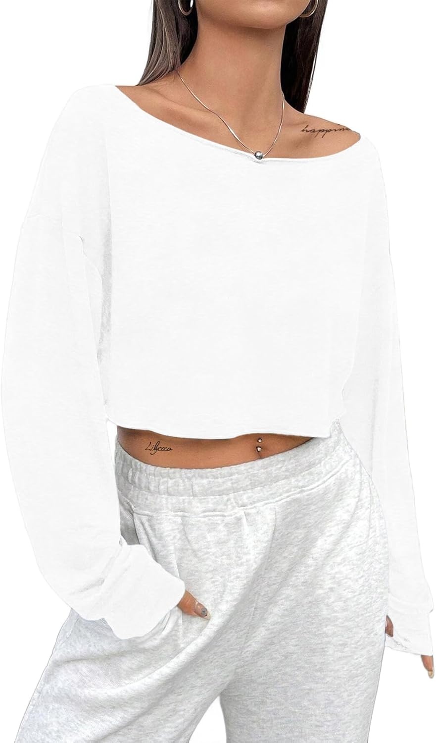 image:imageAvanova Women Off The Shoulder Crop Tops Long Sleeve T Shirts Oversized Loose TeeWhite