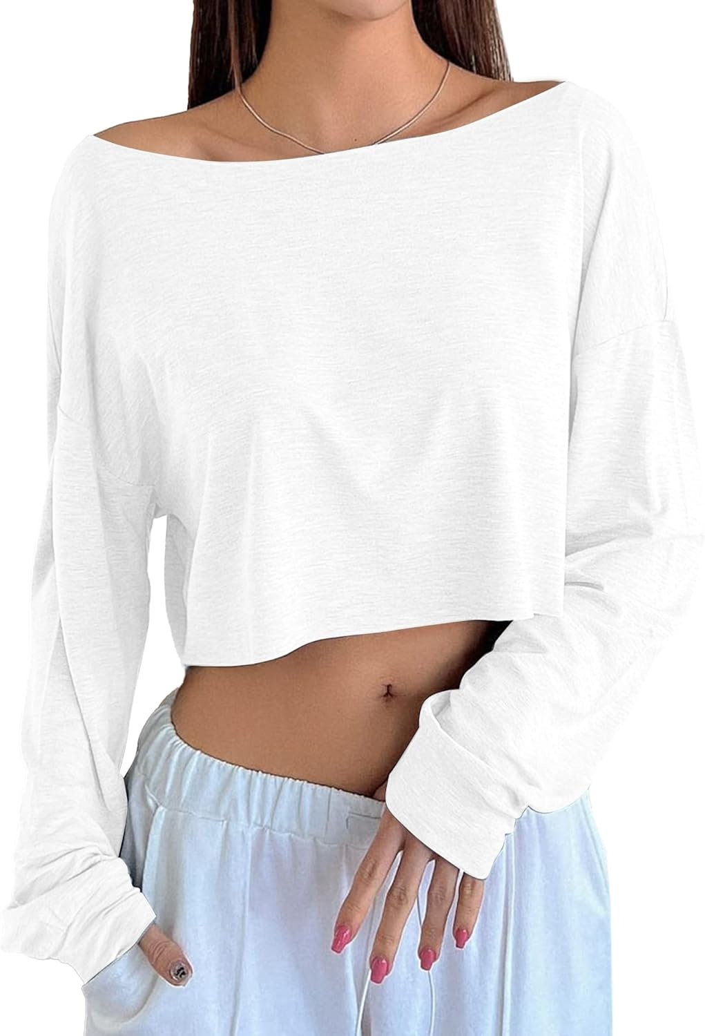 image:imageAvanova Women Off The Shoulder Crop Tops Long Sleeve T Shirts Oversized Loose TeeWhite